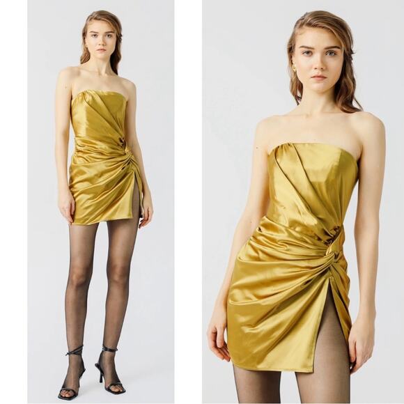 SAU LEE Hester Strapless Ruched Ecru Olive Satin Mini Dress Size 2 - Picture 2 of 11